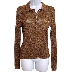 MNG by Mango Womens Lurex Polo Sweater M NWT Brown Fitted Semi Sheer Metallic